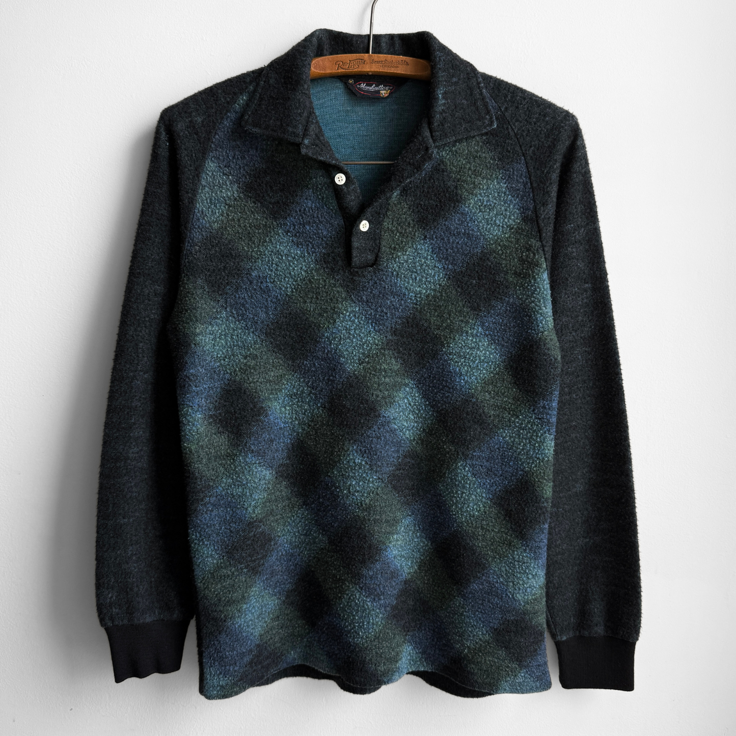 1960s Blue & Green Check Fleece Polo Shirt