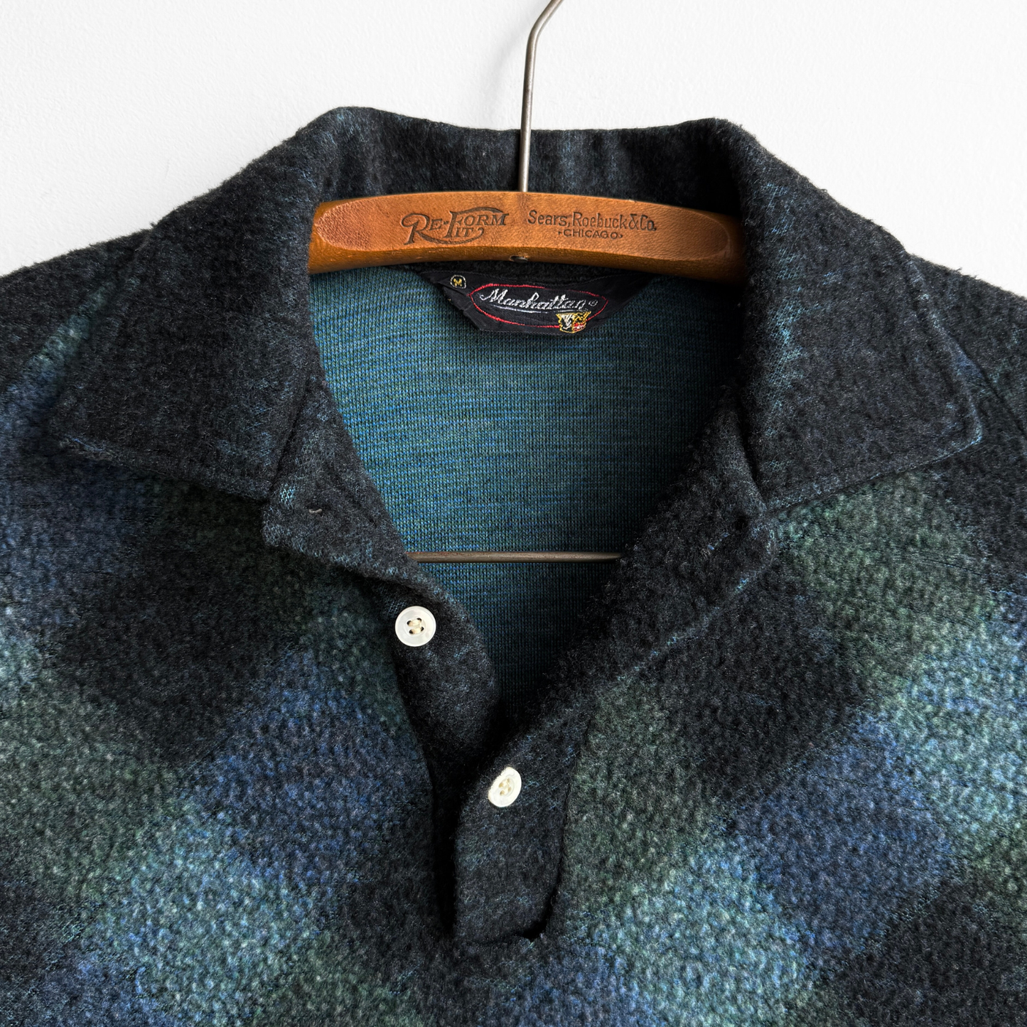 1960s Blue & Green Check Fleece Polo Shirt