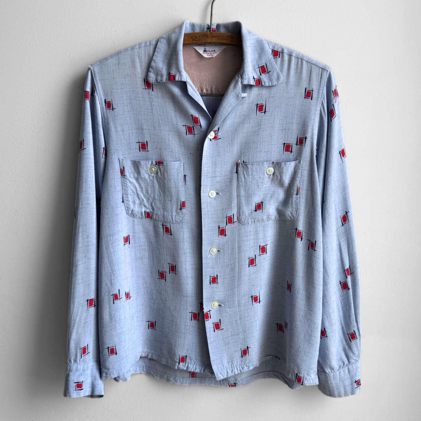 1950s Light Blue Rayon Atomic Print Shirt