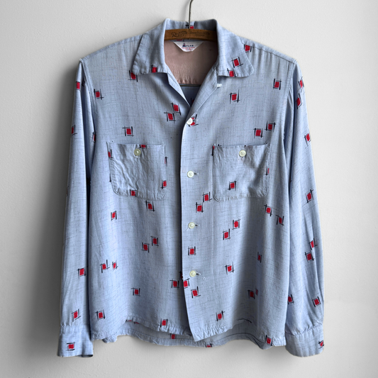 1950s Light Blue Rayon Atomic Print Shirt