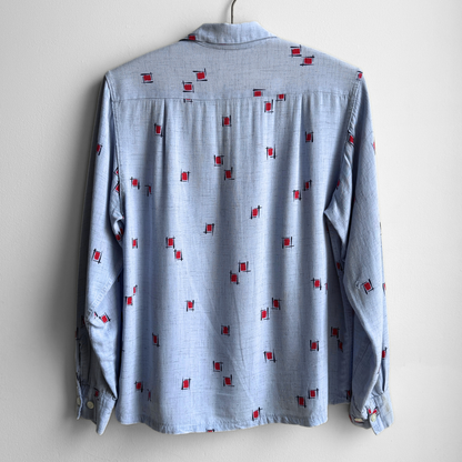 1950s Light Blue Rayon Atomic Print Shirt