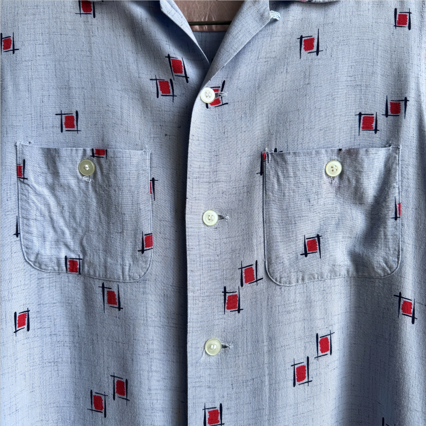 1950s Light Blue Rayon Atomic Print Shirt