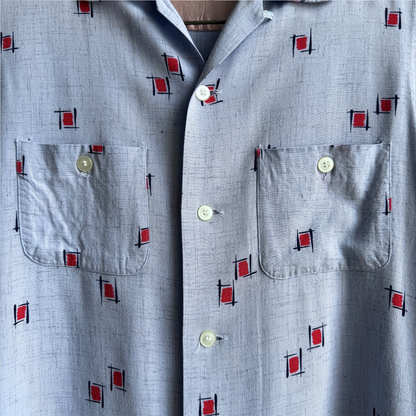 1950s Light Blue Rayon Atomic Print Shirt