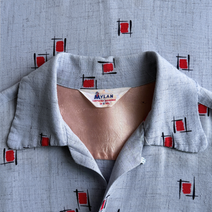 1950s Light Blue Rayon Atomic Print Shirt