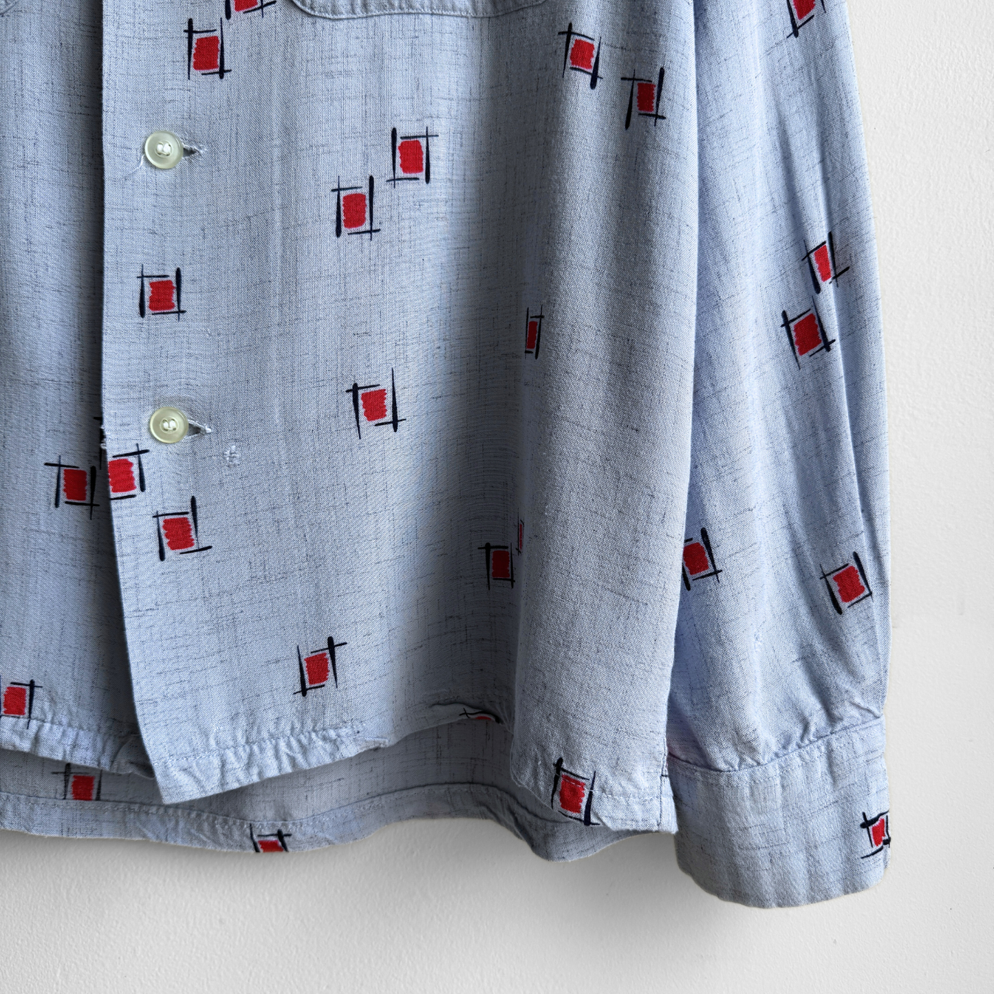 1950s Light Blue Rayon Atomic Print Shirt