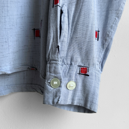 1950s Light Blue Rayon Atomic Print Shirt
