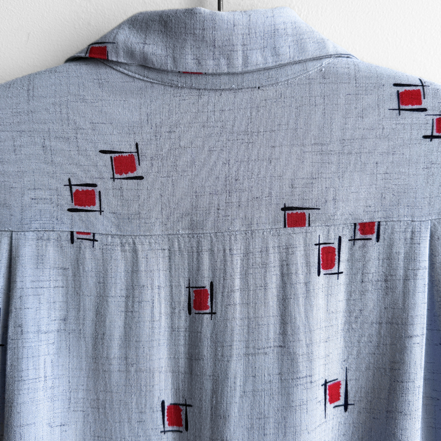 1950s Light Blue Rayon Atomic Print Shirt