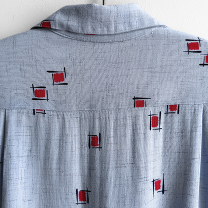1950s Light Blue Rayon Atomic Print Shirt