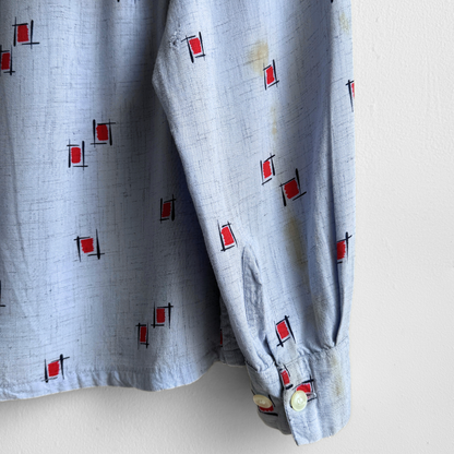 1950s Light Blue Rayon Atomic Print Shirt