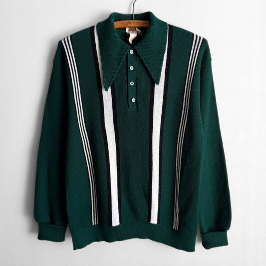 1960s Dark Green Striped Knit Polo Shirt