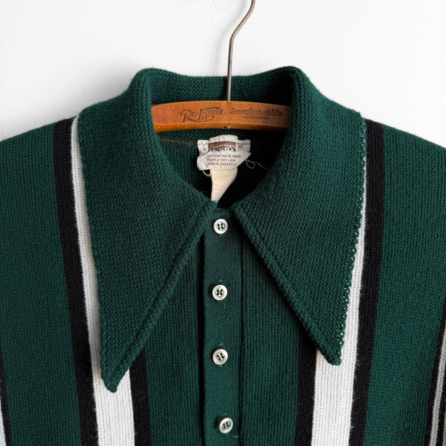 1960s Dark Green Striped Knit Polo Shirt
