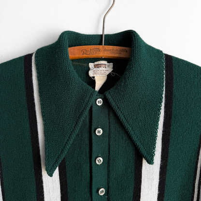 1960s Dark Green Striped Knit Polo Shirt