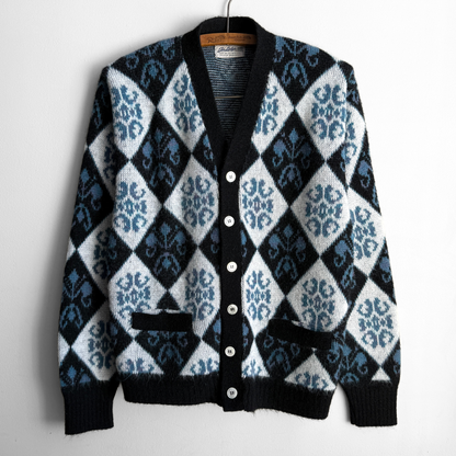 1960s Blue Argyle Acrylic Knit Cardigan