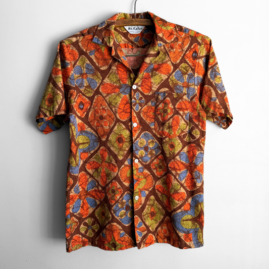 1960s Orange Floral Barkcloth Hawaiian Shirt