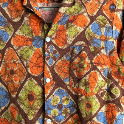 1960s Orange Floral Barkcloth Hawaiian Shirt