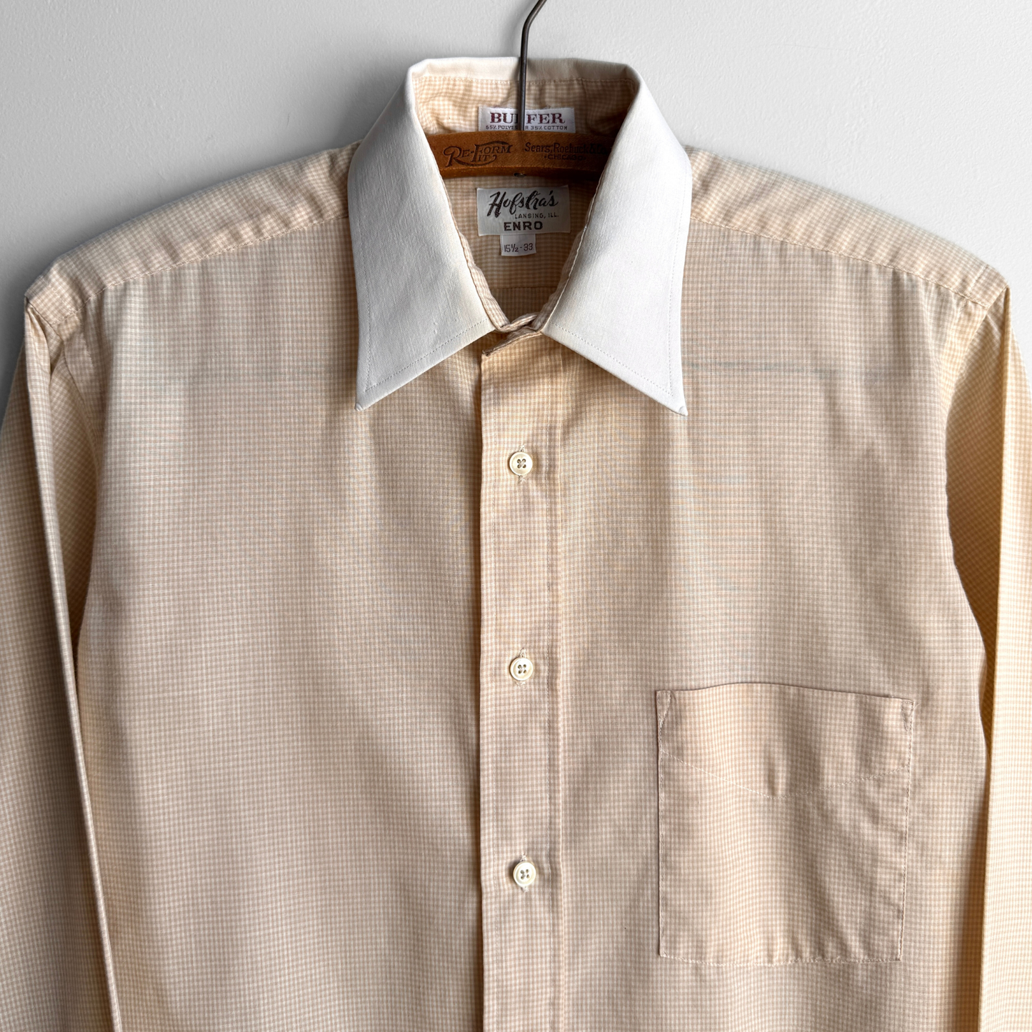 1970s Light Orange Check Print Dress Shirt