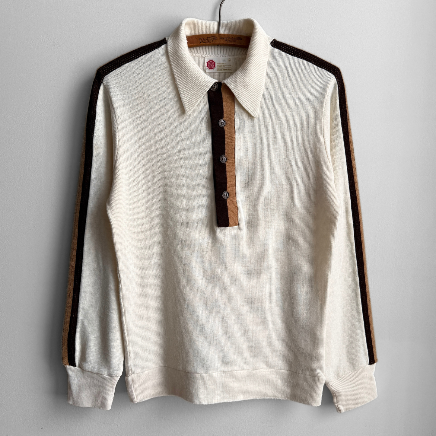 1960s White & Brown Striped Knit Polo Shirt