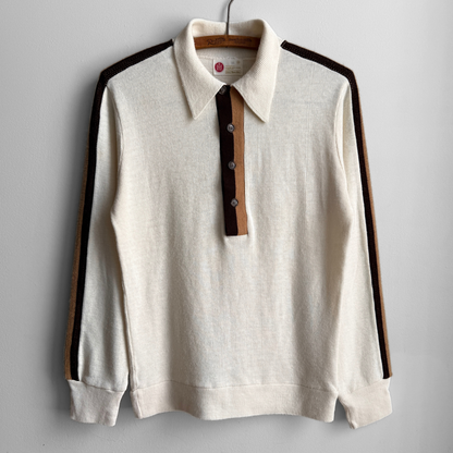 1960s White & Brown Striped Knit Polo Shirt