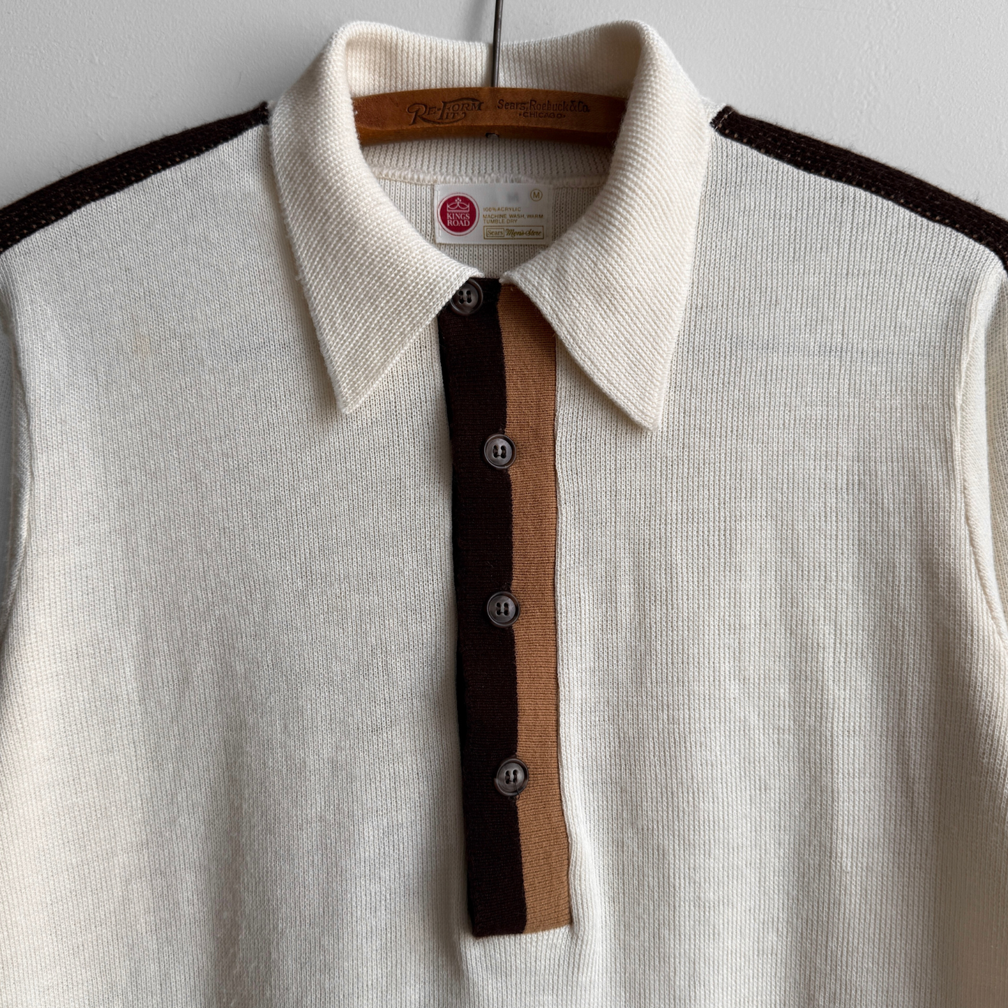 1960s White & Brown Striped Knit Polo Shirt