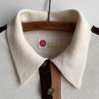 1960s White & Brown Striped Knit Polo Shirt