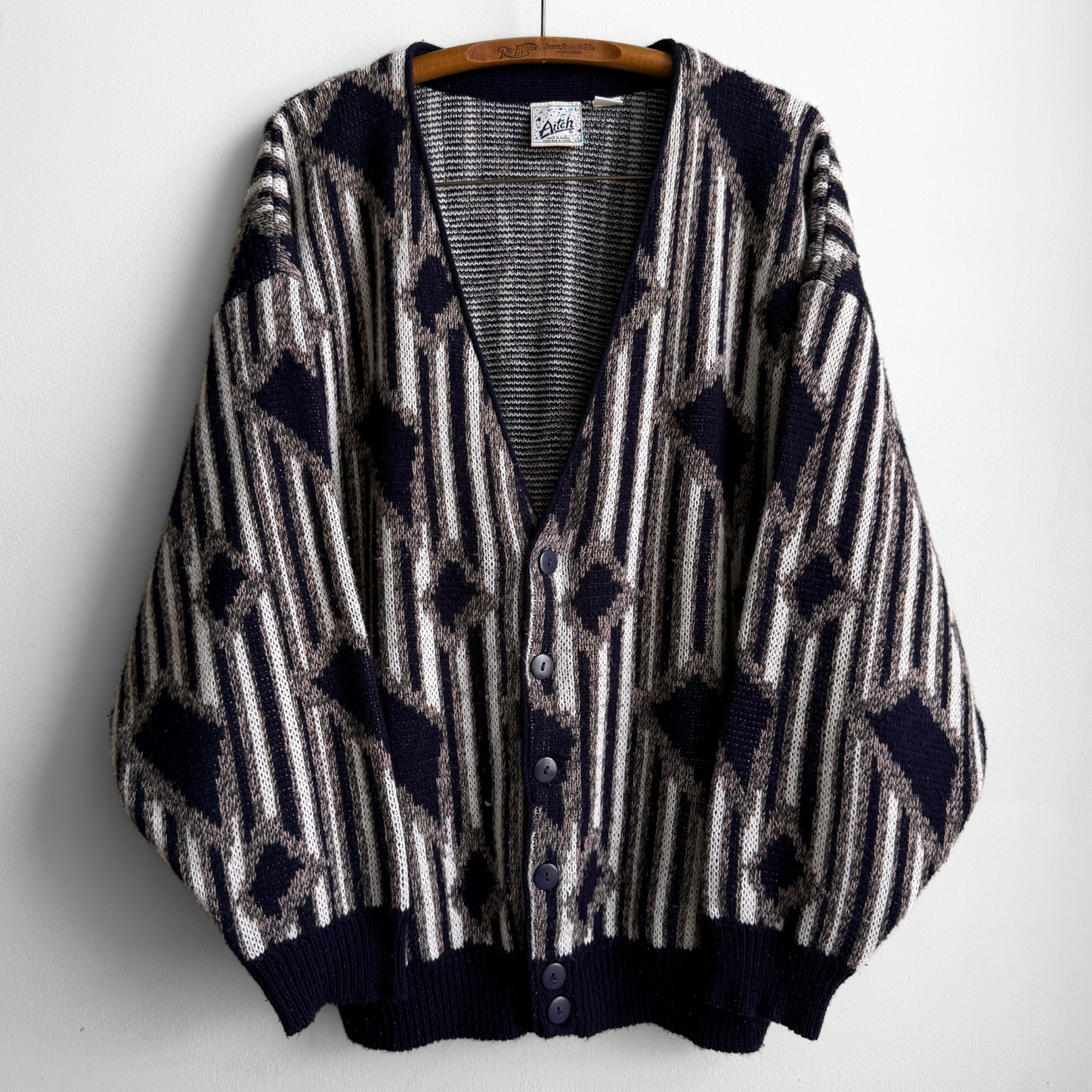 1980s Navy Blue Geometric Acrylic Knit Cardigan