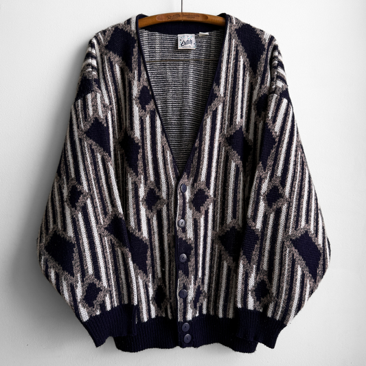 1980s Navy Blue Geometric Acrylic Knit Cardigan