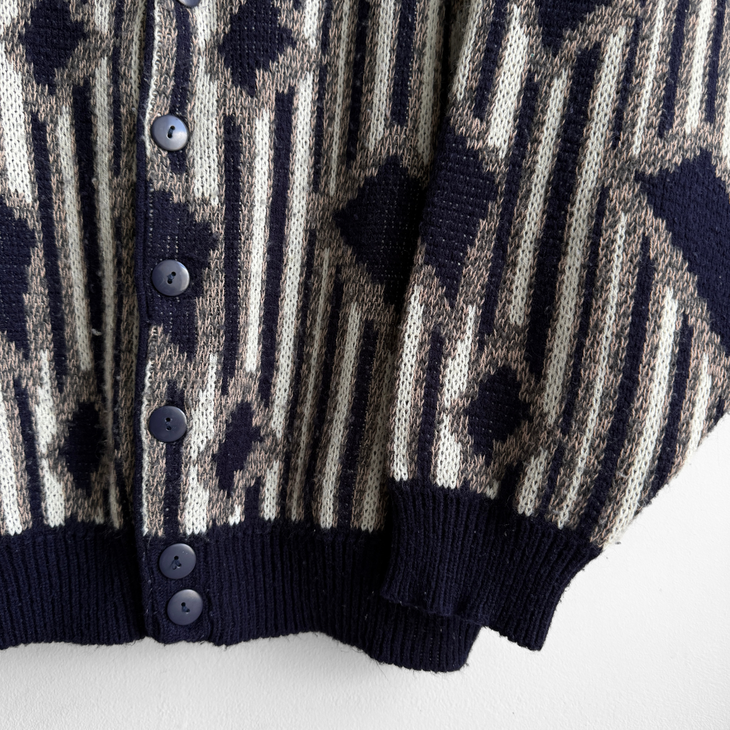 1980s Navy Blue Geometric Acrylic Knit Cardigan