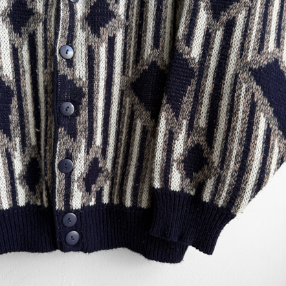 1980s Navy Blue Geometric Acrylic Knit Cardigan