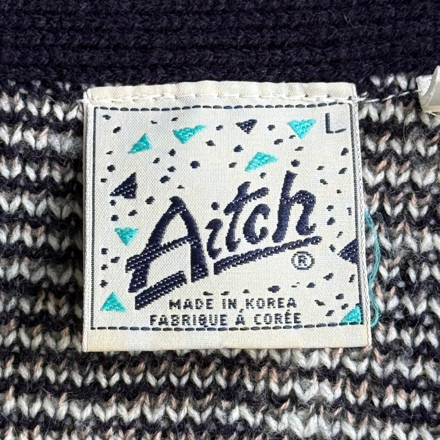 1980s Navy Blue Geometric Acrylic Knit Cardigan