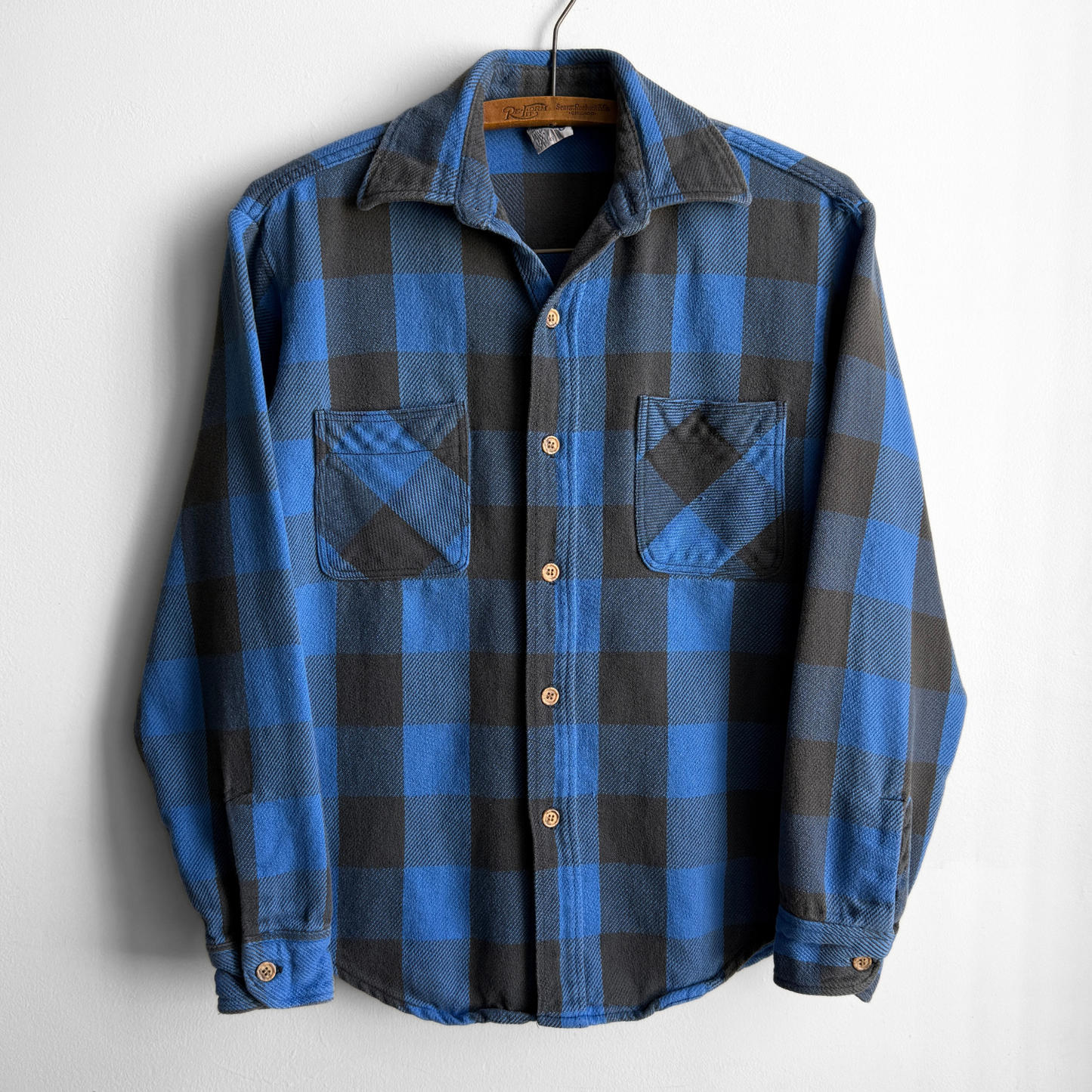 1970s Blue Brushed Cotton Plaid Flannel Shirt