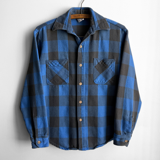 1970s Blue Brushed Cotton Plaid Flannel Shirt