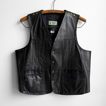 1980s Black Genuine Leather Snap Vest