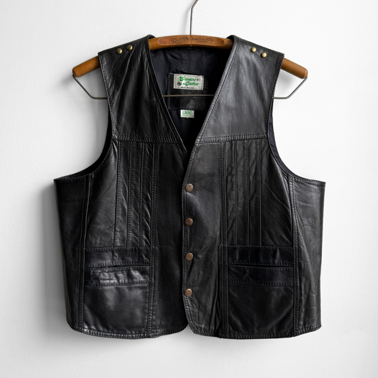 1980s Black Genuine Leather Snap Vest