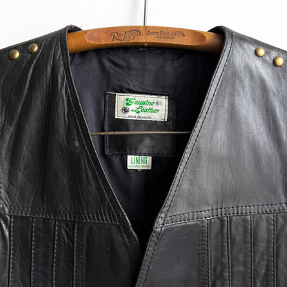 1980s Black Genuine Leather Snap Vest