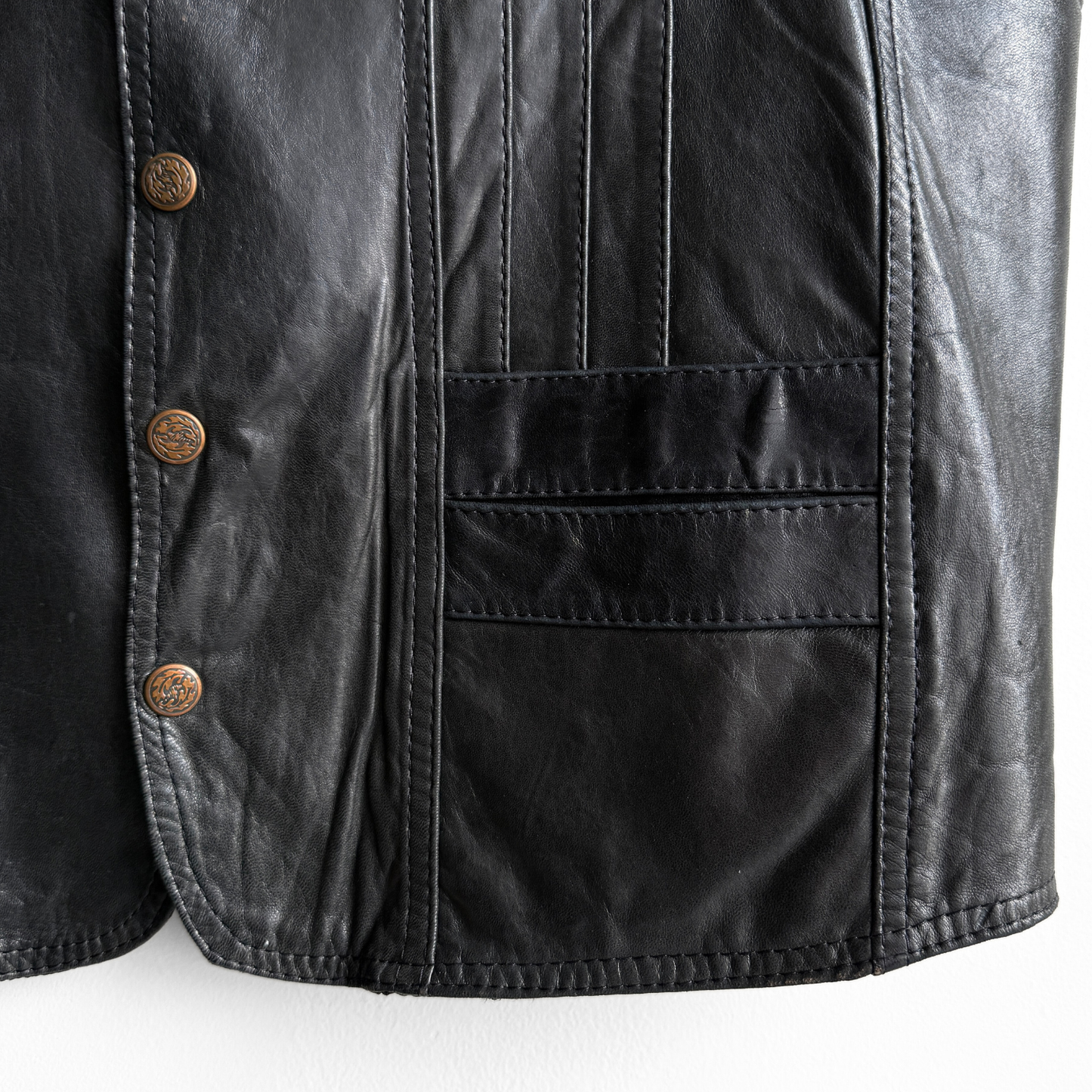 1980s Black Genuine Leather Snap Vest