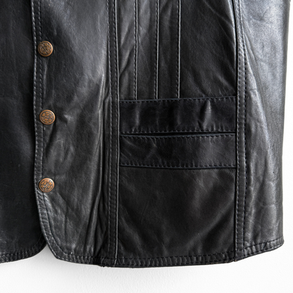 1980s Black Genuine Leather Snap Vest