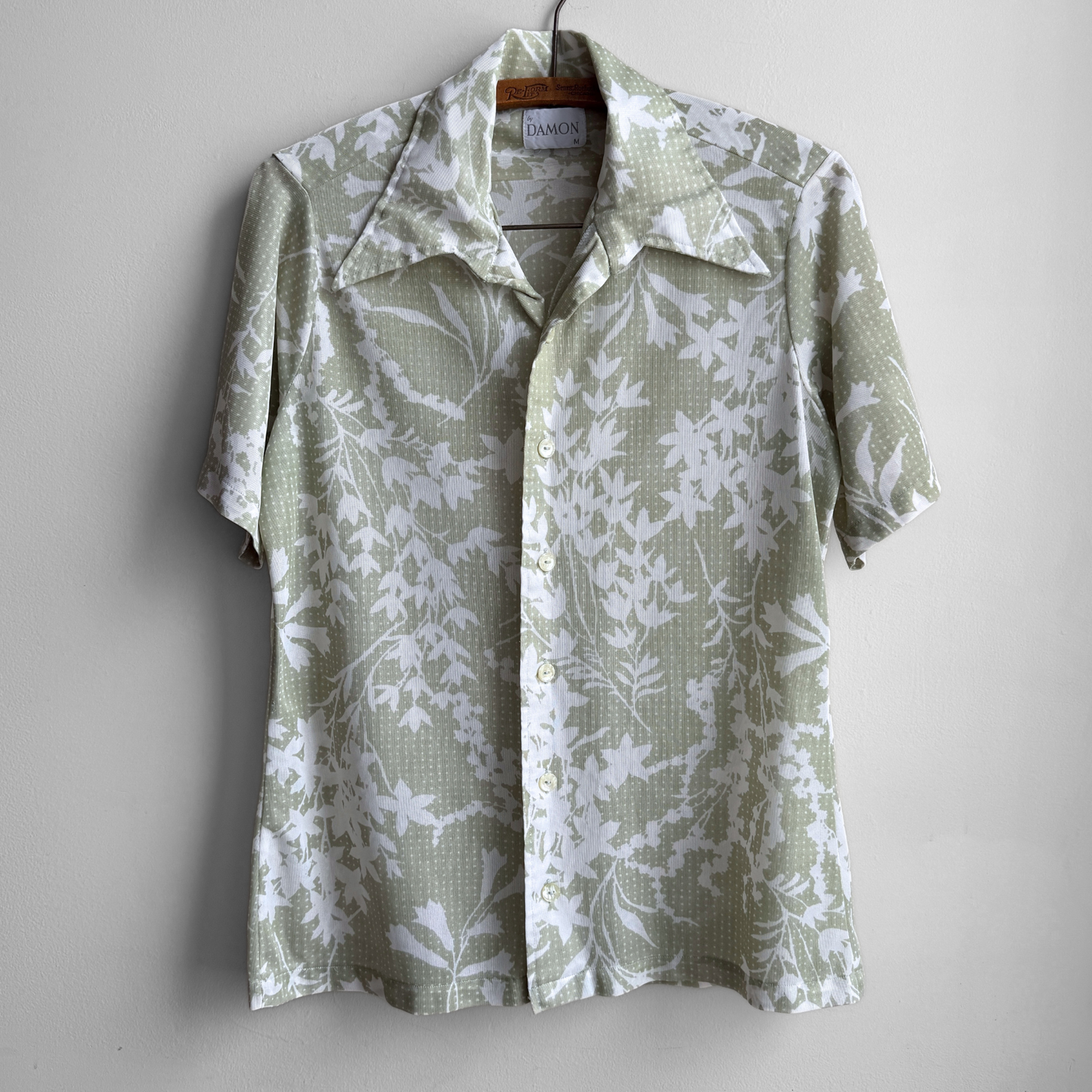 1970s Light Green Floral Print Sport Shirt