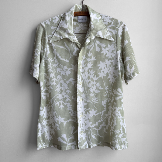 1970s Light Green Floral Print Sport Shirt