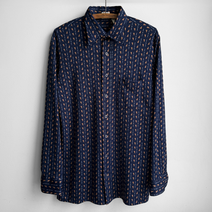 1970s Navy Blue Geometric Print Sport Shirt