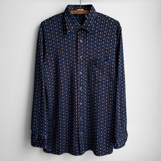 1970s Navy Blue Geometric Print Sport Shirt