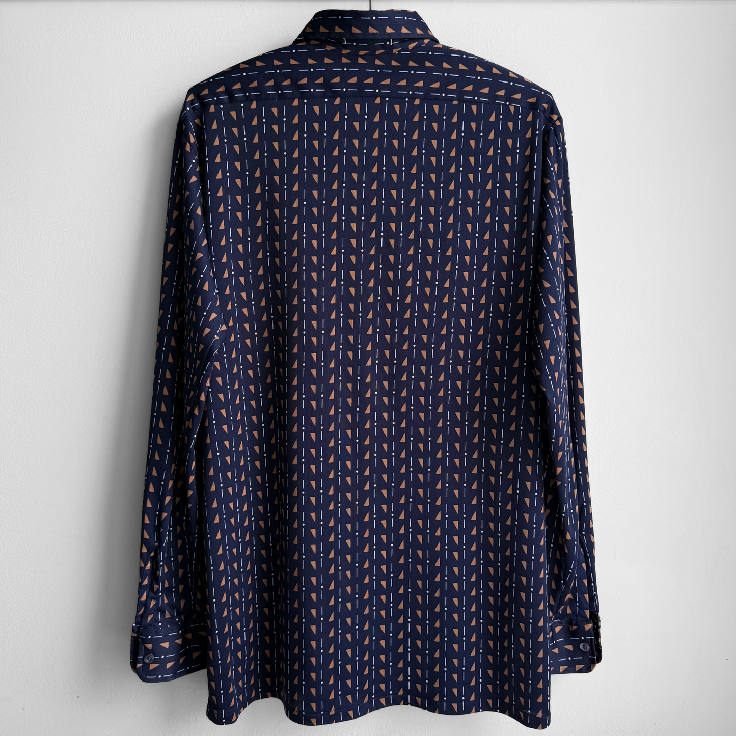 1970s Navy Blue Geometric Print Sport Shirt
