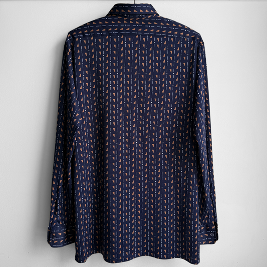 1970s Navy Blue Geometric Print Sport Shirt