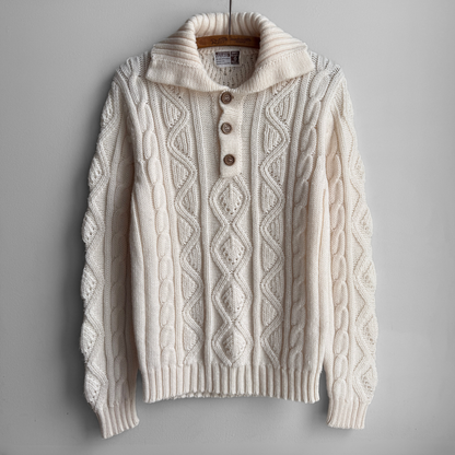 1970s Cream Cable Knit Polo Sweater