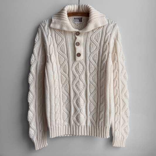 1970s Cream Cable Knit Polo Sweater