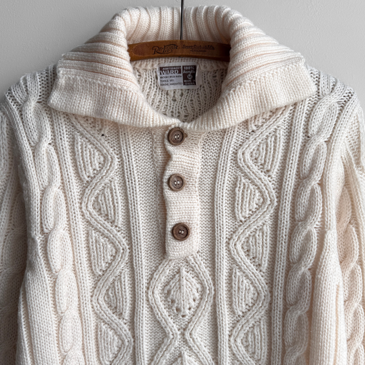 1970s Cream Cable Knit Polo Sweater