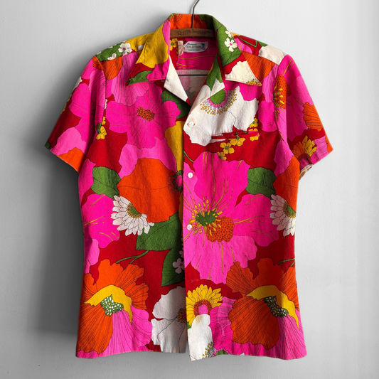 1960s Pink & Orange Floral Barkcloth Hawaiian Shirt