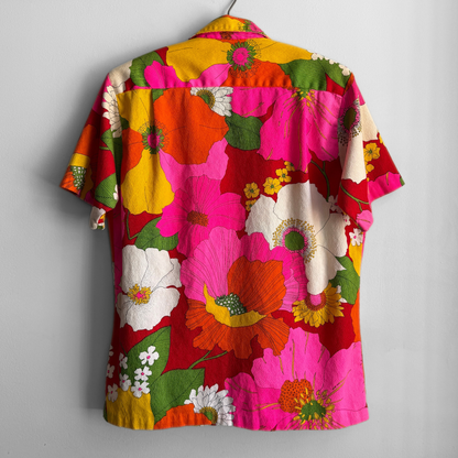 1960s Pink & Orange Floral Barkcloth Hawaiian Shirt