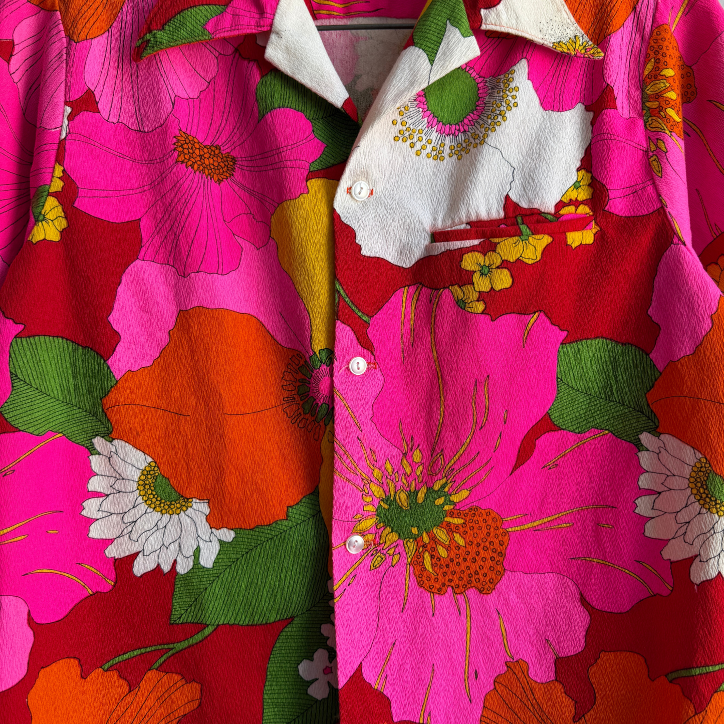 1960s Pink & Orange Floral Barkcloth Hawaiian Shirt