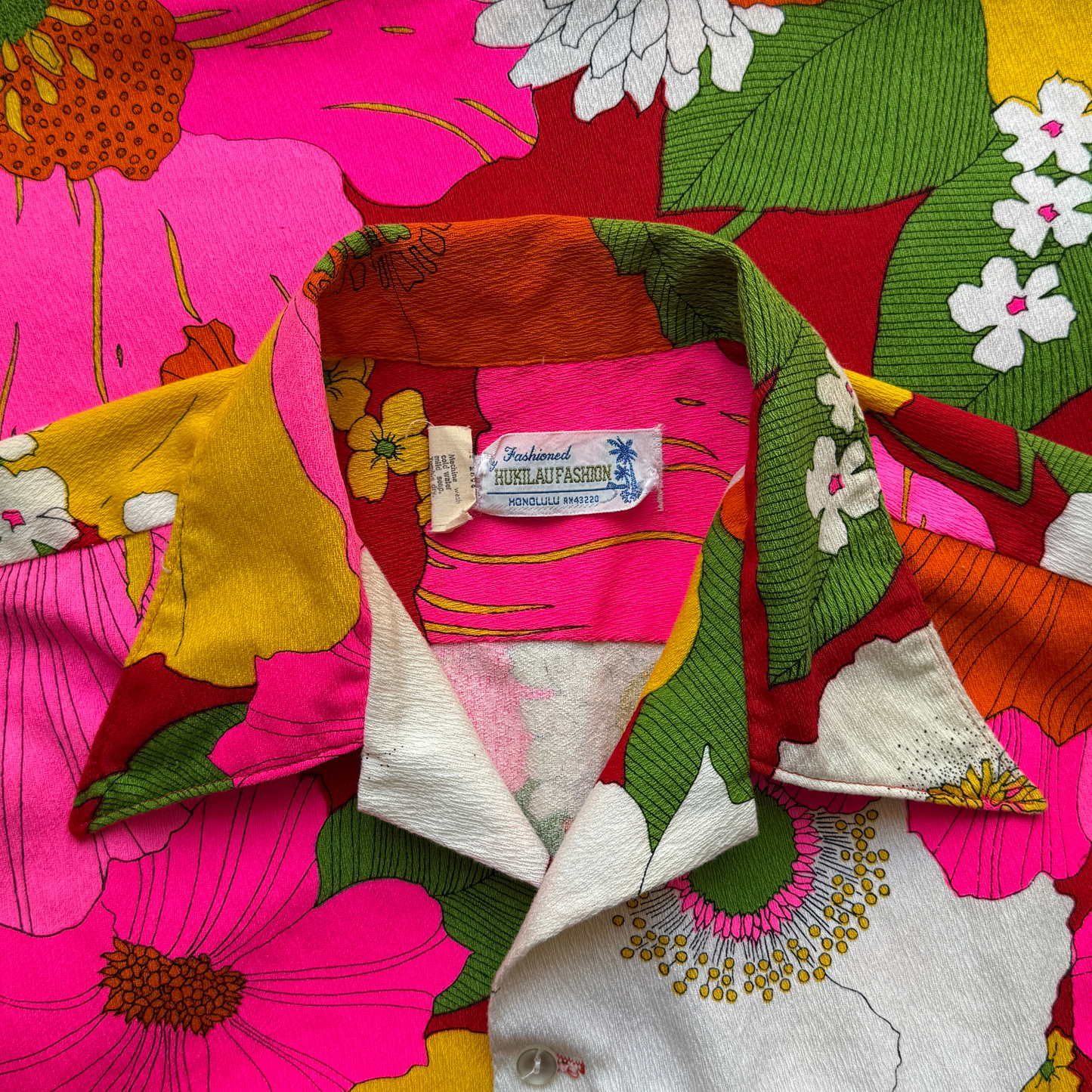 1960s Pink & Orange Floral Barkcloth Hawaiian Shirt