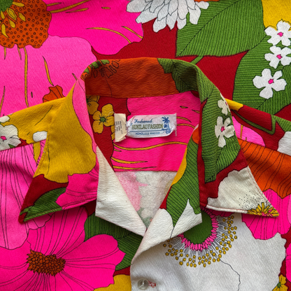 1960s Pink & Orange Floral Barkcloth Hawaiian Shirt